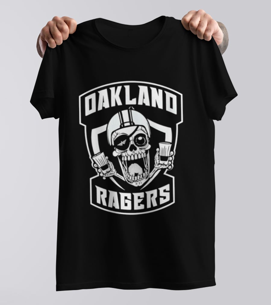 Oakland Ragers Skull With Eye Patch Holding Drinks T-Shirt