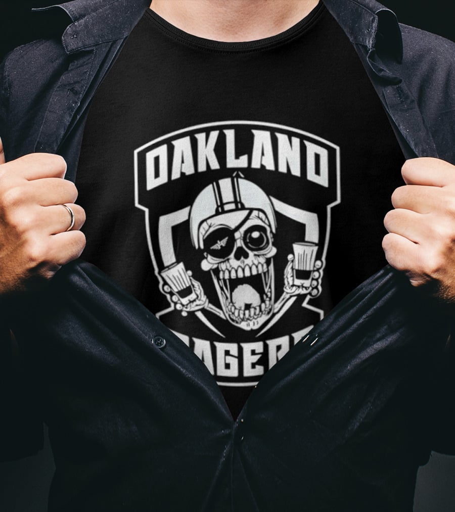 Oakland Ragers Skull With Eye Patch Holding Drinks T-Shirt
