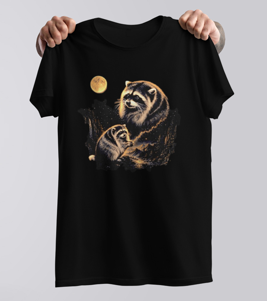 Raccoon And Moonlit Night Forest Wildlife Scene T-Shirt