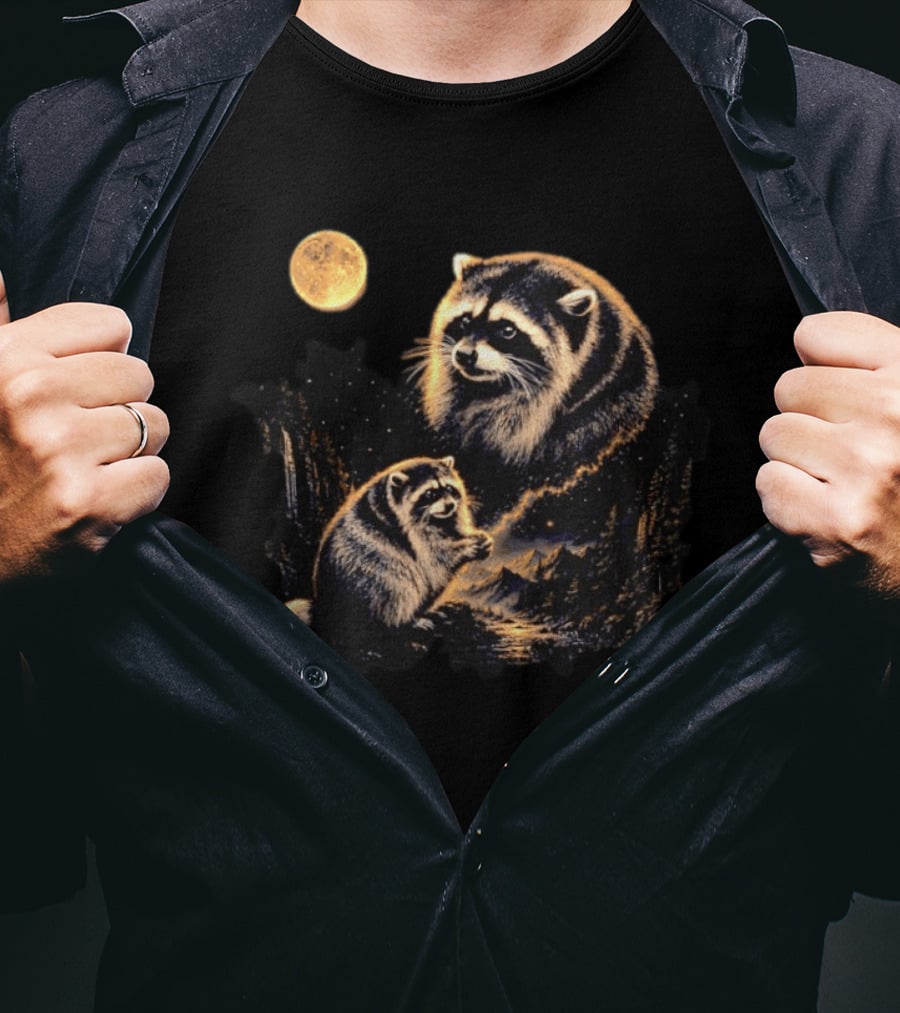 Raccoon And Moonlit Night Forest Wildlife Scene T-Shirt