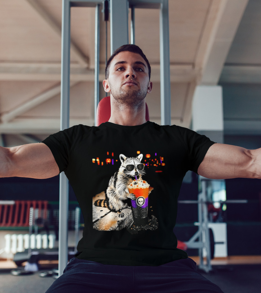 Raccoon With Sunglasses Enjoying Halloween Frappe With Skull Cup And Pumpkin T-Shirt