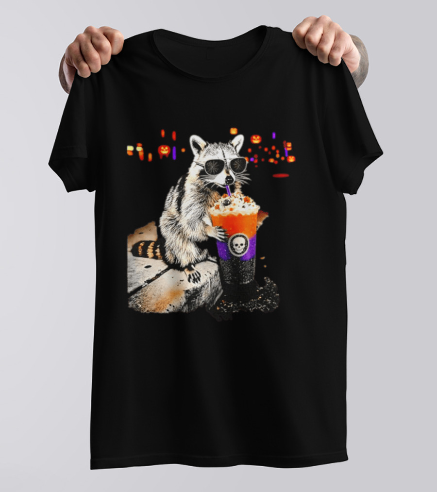 Raccoon With Sunglasses Enjoying Halloween Frappe With Skull Cup And Pumpkin T-Shirt