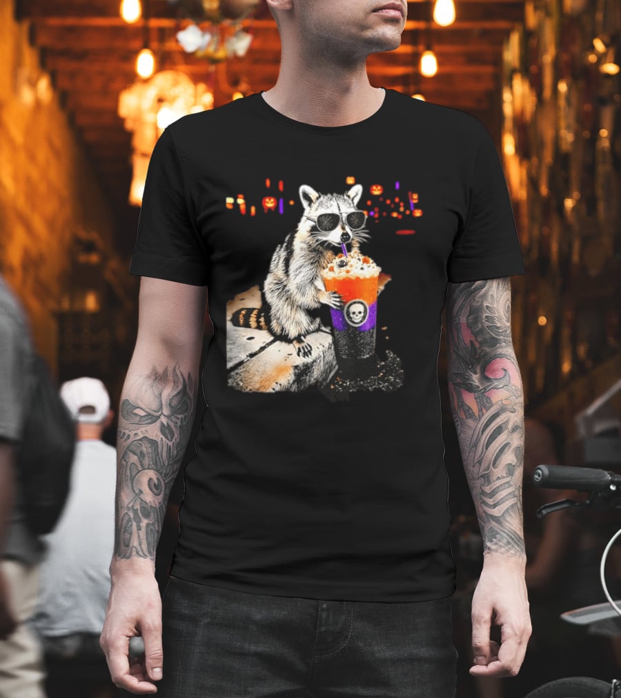 Raccoon With Sunglasses Enjoying Halloween Frappe With Skull Cup And Pumpkin T-Shirt