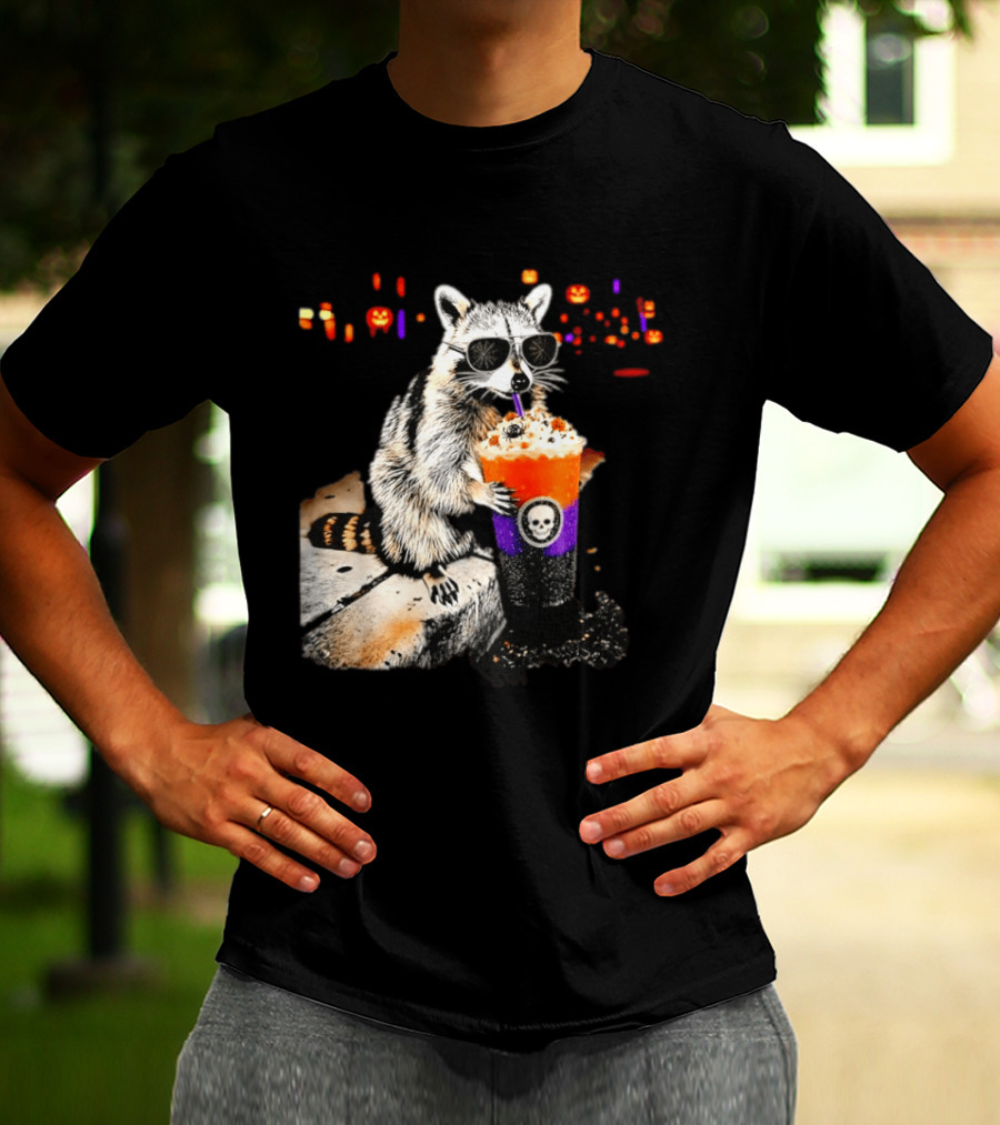 Raccoon With Sunglasses Enjoying Halloween Frappe With Skull Cup And Pumpkin T-Shirt