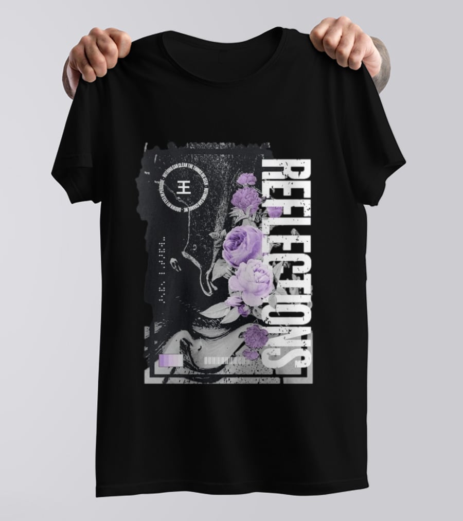 Reflections Peroxide Floral Typography With Purple Roses And Abstract Black And White T-Shirt