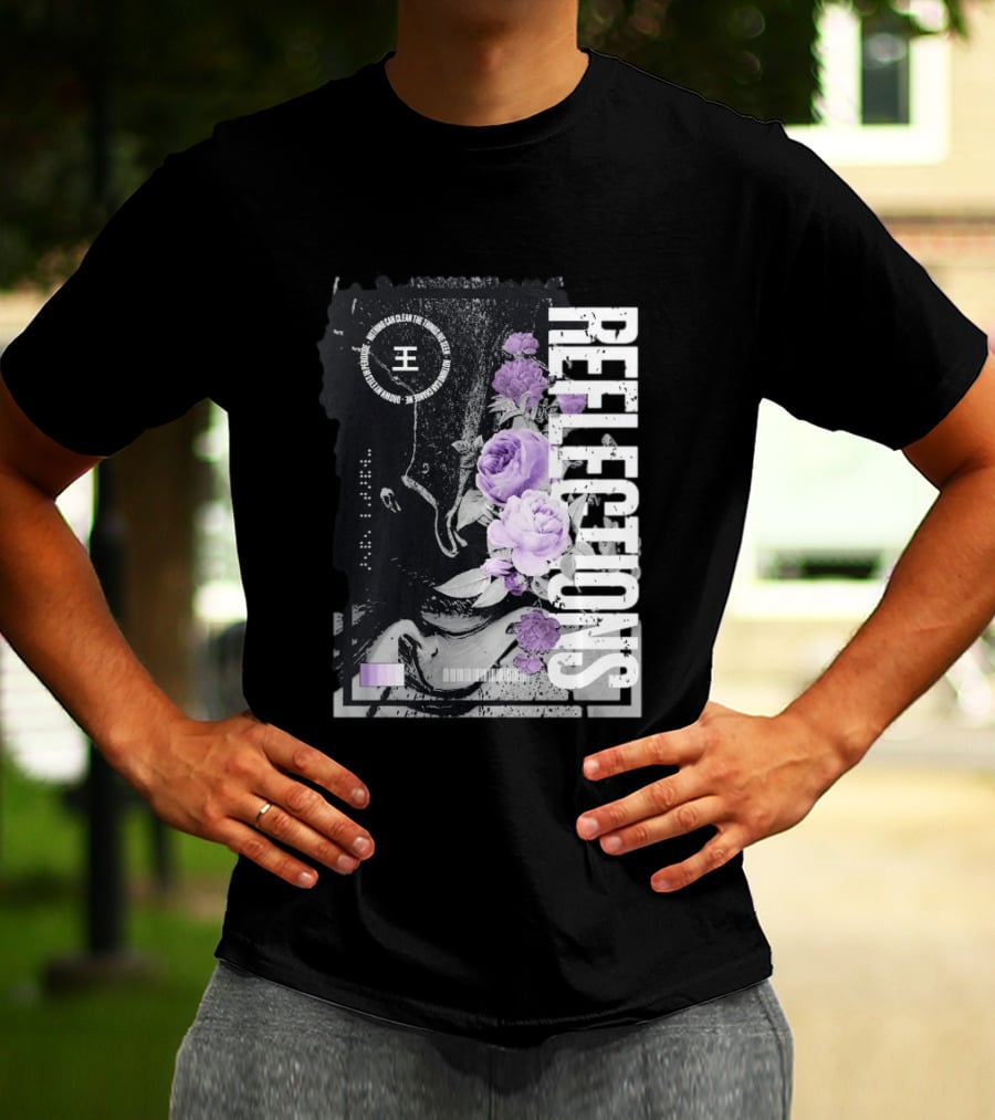 Reflections Peroxide Floral Typography With Purple Roses And Abstract Black And White T-Shirt