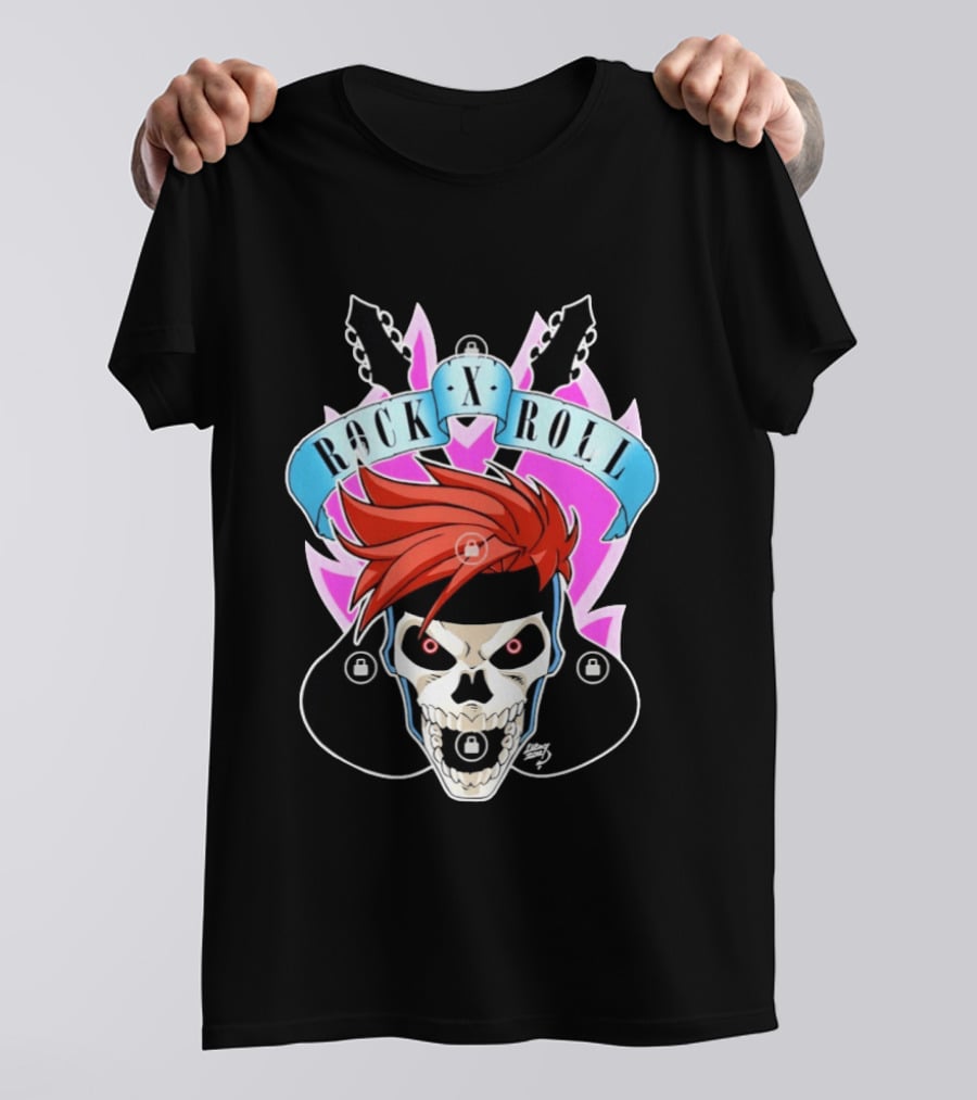 Rock X Roll Skull Electric Guitar Red Hair T-Shirt