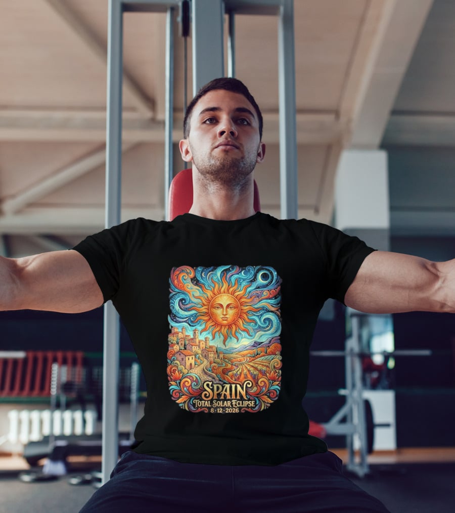 Spain Total Solar Eclipse 8 12 2026 Sun And Moon Celestial Village T-Shirt