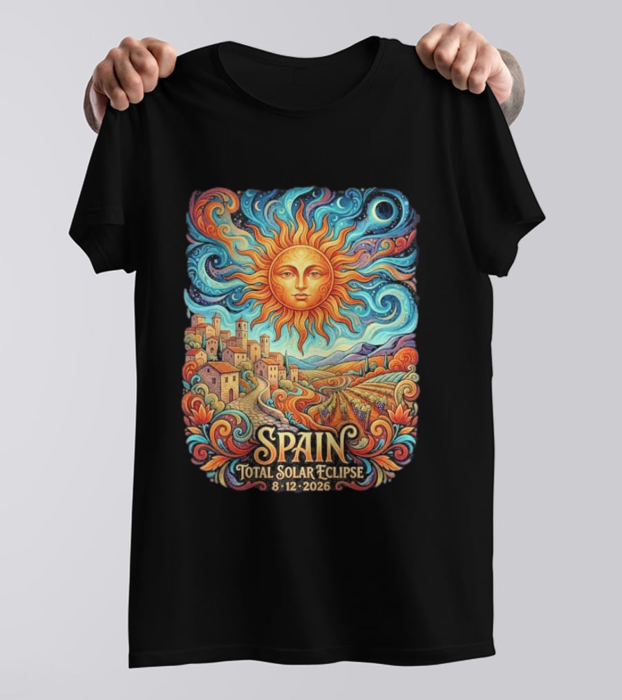 Spain Total Solar Eclipse 8 12 2026 Sun And Moon Celestial Village T-Shirt