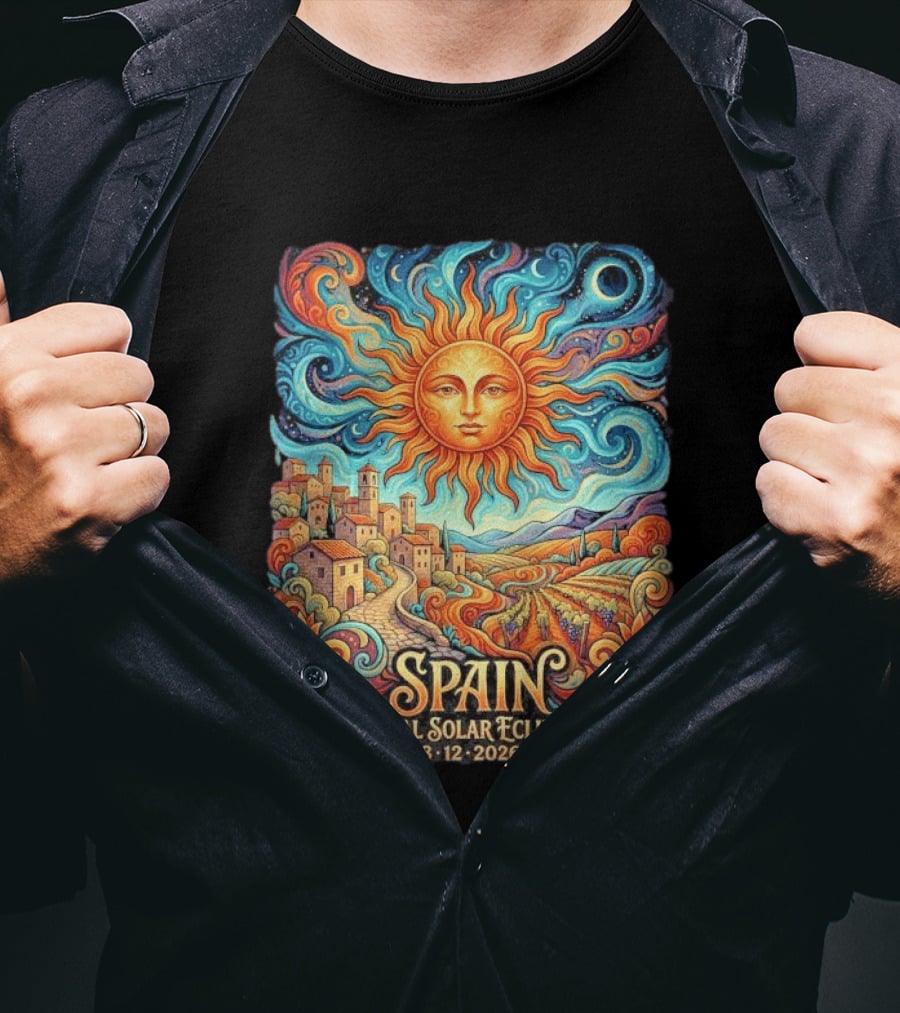 Spain Total Solar Eclipse 8 12 2026 Sun And Moon Celestial Village T-Shirt