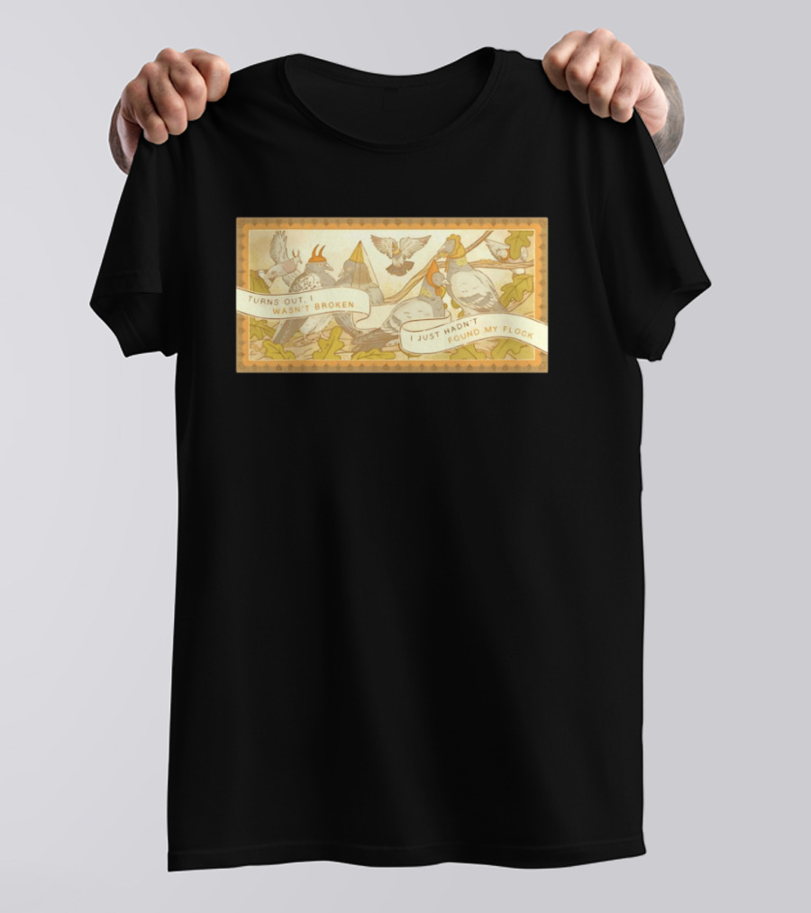 Turns Out I Wasn't Broken I Just Hadn't Found My Flock Pigeon Funny Vintage Style Banner With Autumn Leaves T-Shirt