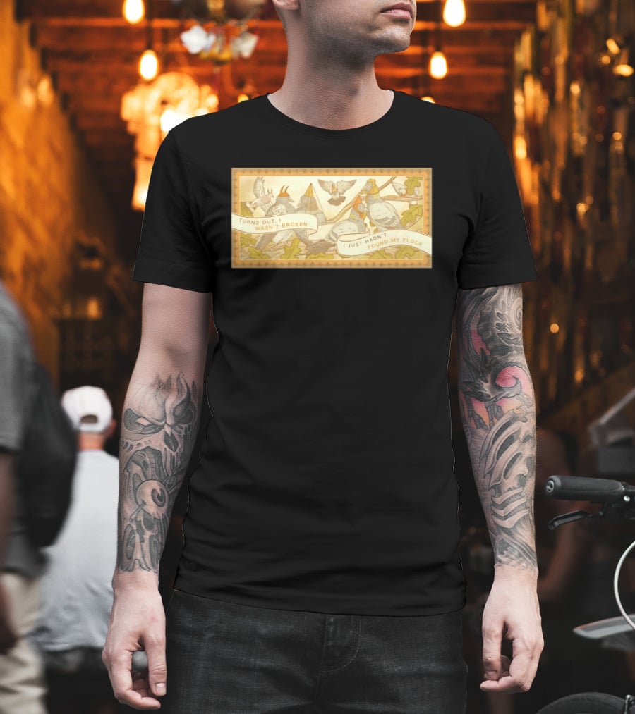 Turns Out I Wasn't Broken I Just Hadn't Found My Flock Pigeon Funny Vintage Style Banner With Autumn Leaves T-Shirt