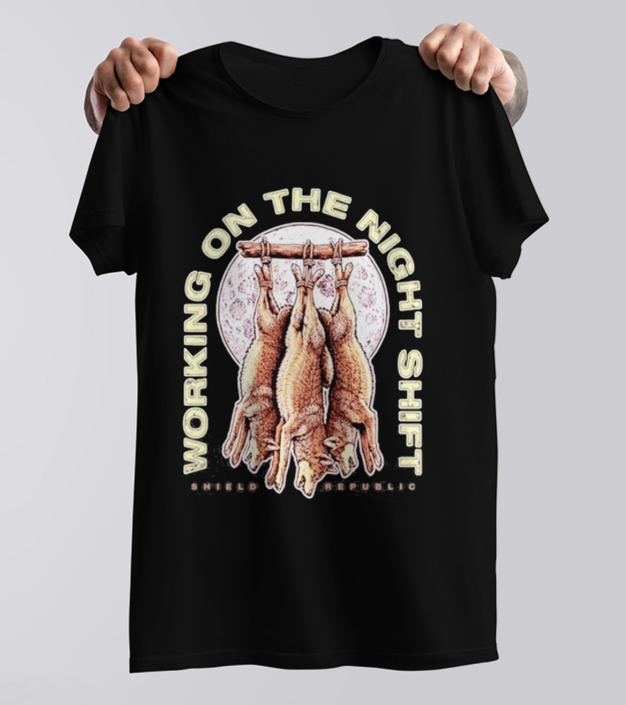 Working On The Night Shift Shield Republic Hanging Coyotes Full Moon T-Shirt