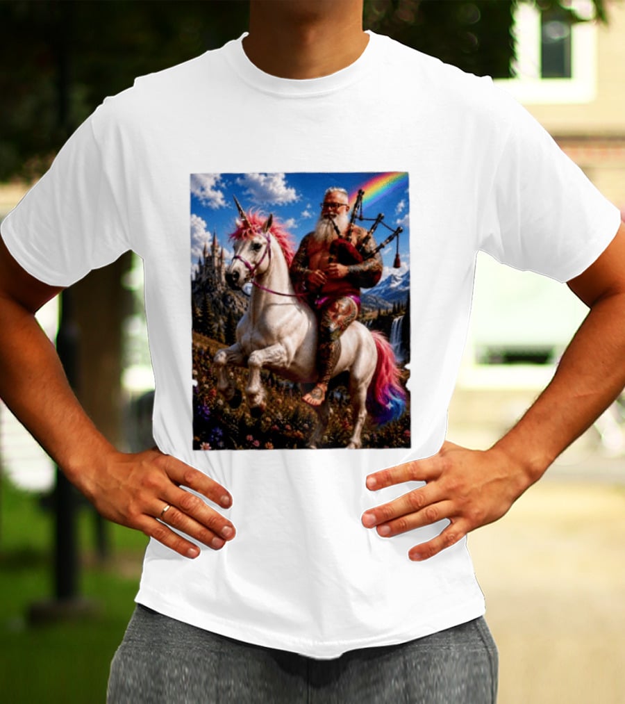 Bearded Scotsman Playing Bagpipes Riding A Rainbow Unicorn In Enchanted Castle Landscape T-Shirt