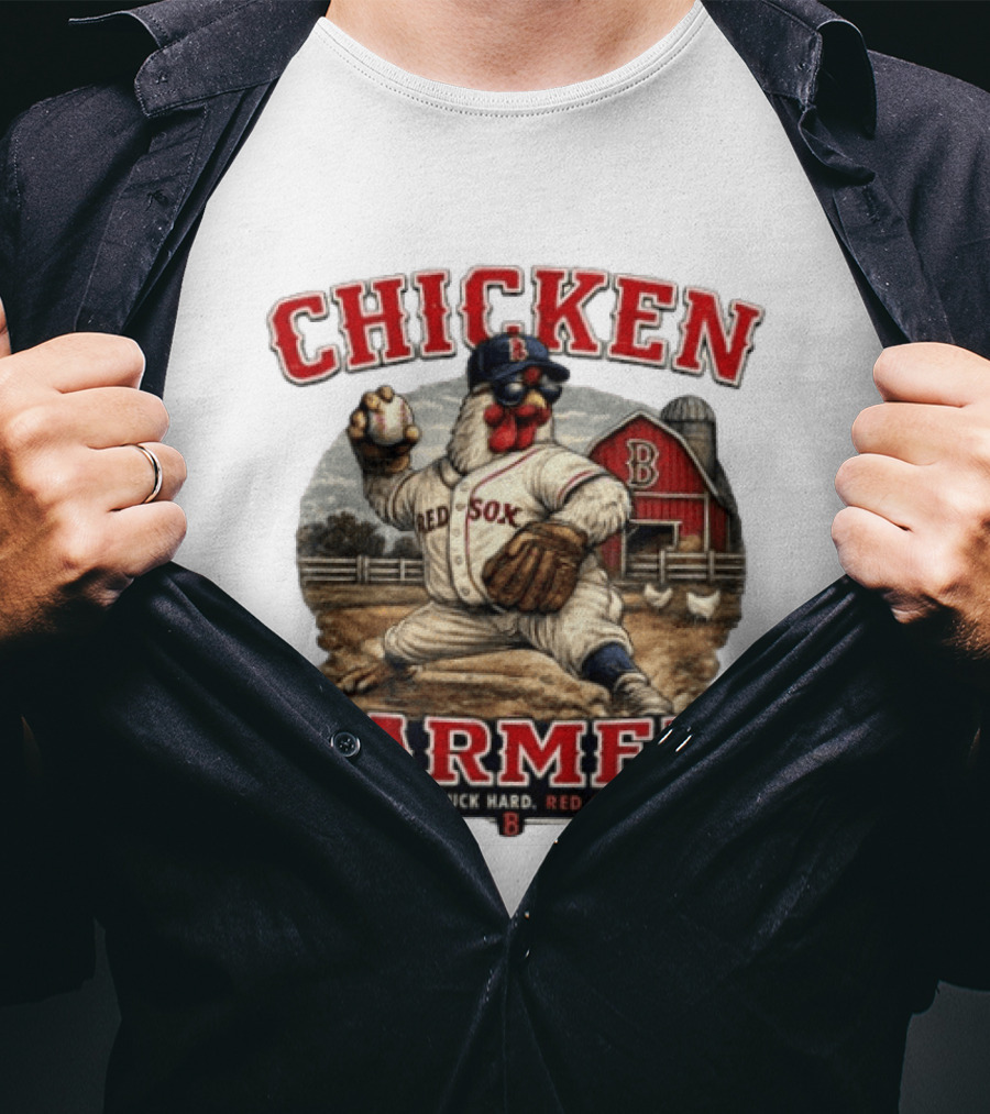 Chicken Farmer Red Sox Nation Work Hard Cluck Hard Barn Baseball T-Shirt