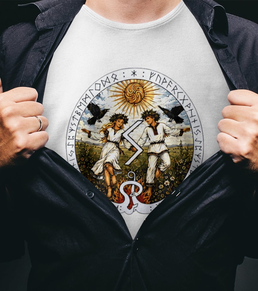 Seidr Sun Wheel Futhark Runes Pagan Folk Norse Mythology Ravens And Dancing Figures T-Shirt