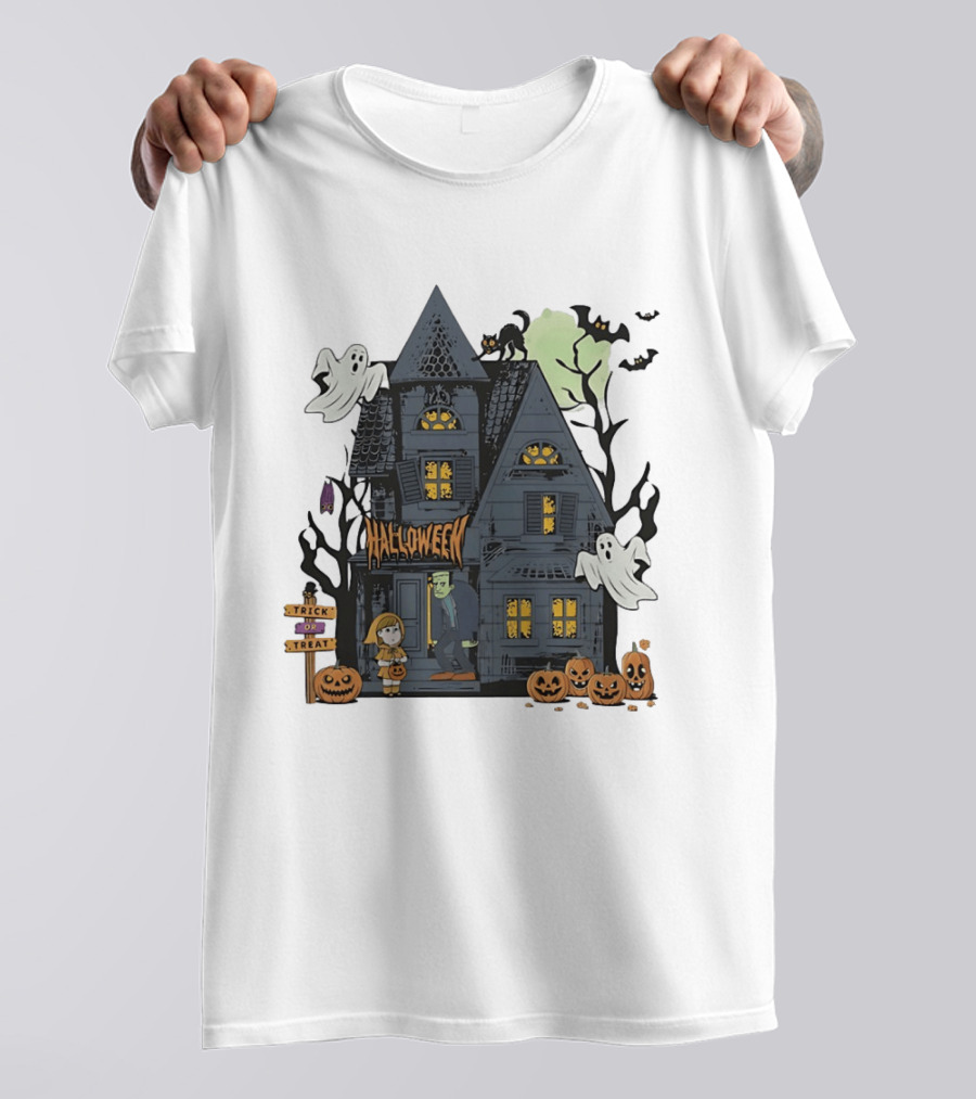 Halloween Haunted House With Frankenstein Trick Or Treat Ghosts And Pumpkins T-Shirt