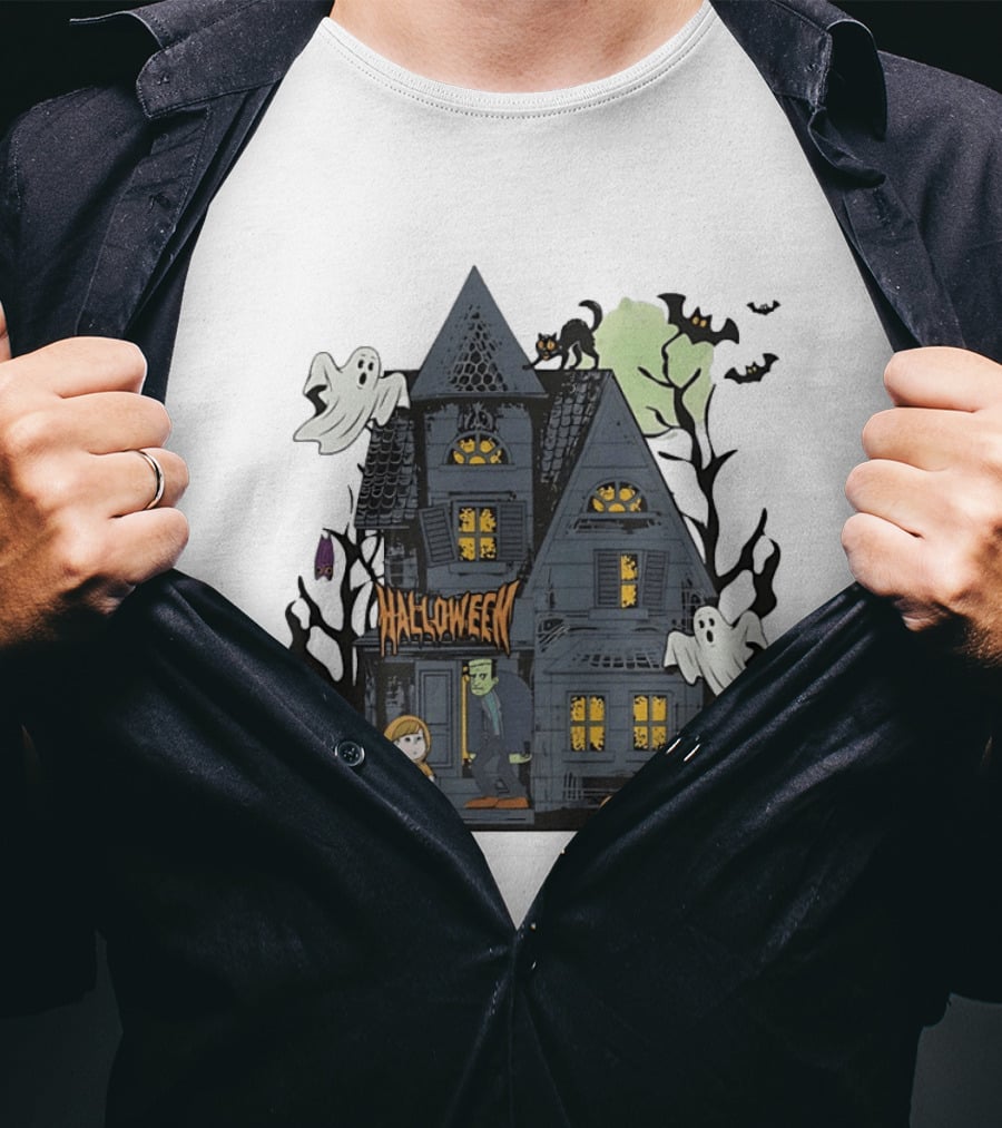 Halloween Haunted House With Frankenstein Trick Or Treat Ghosts And Pumpkins T-Shirt