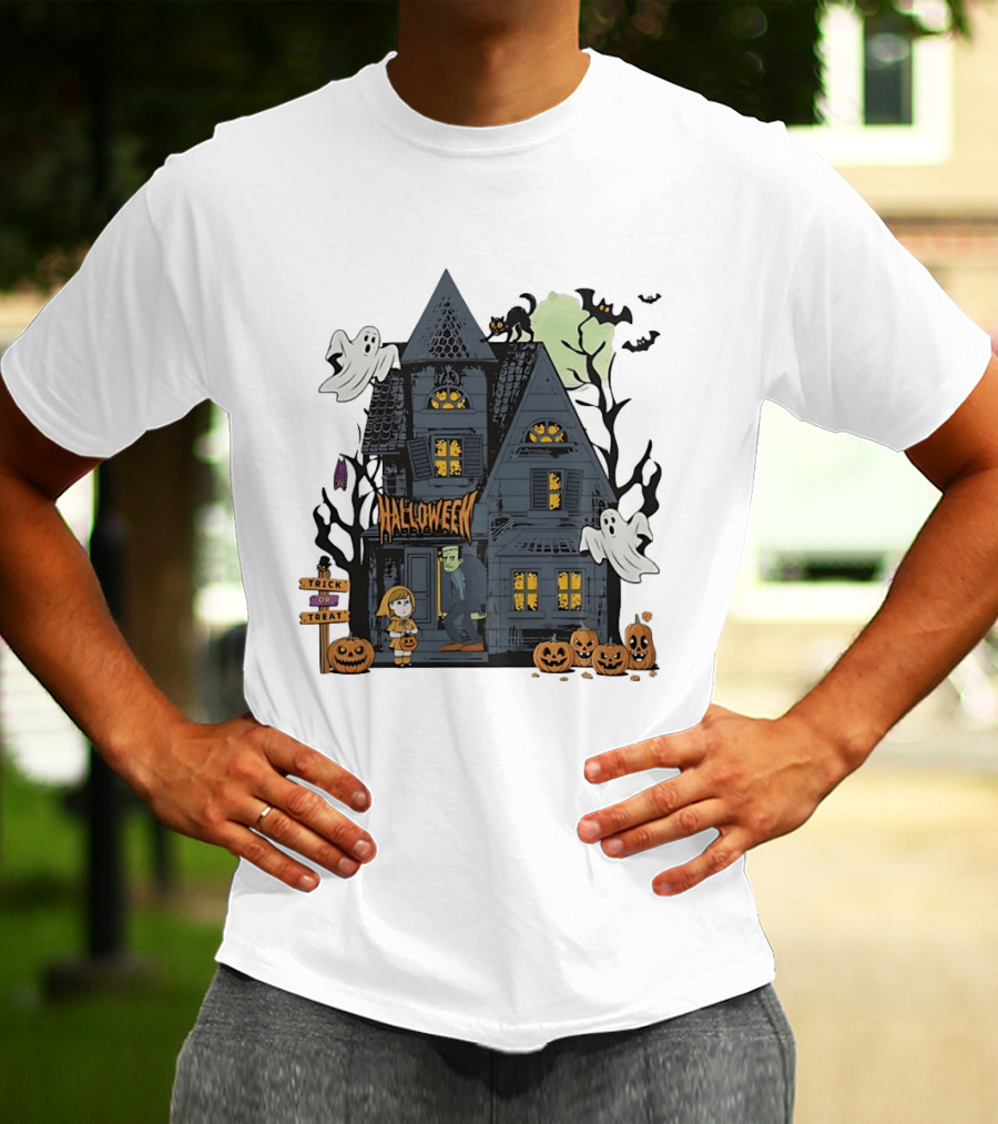 Halloween Haunted House With Frankenstein Trick Or Treat Ghosts And Pumpkins T-Shirt