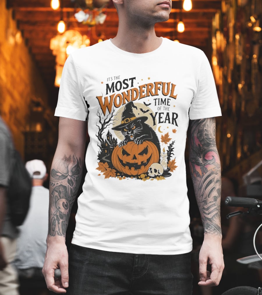 It's The Most Wonderful Time Of The Year Witch Cat And Pumpkin Halloween T-Shirt