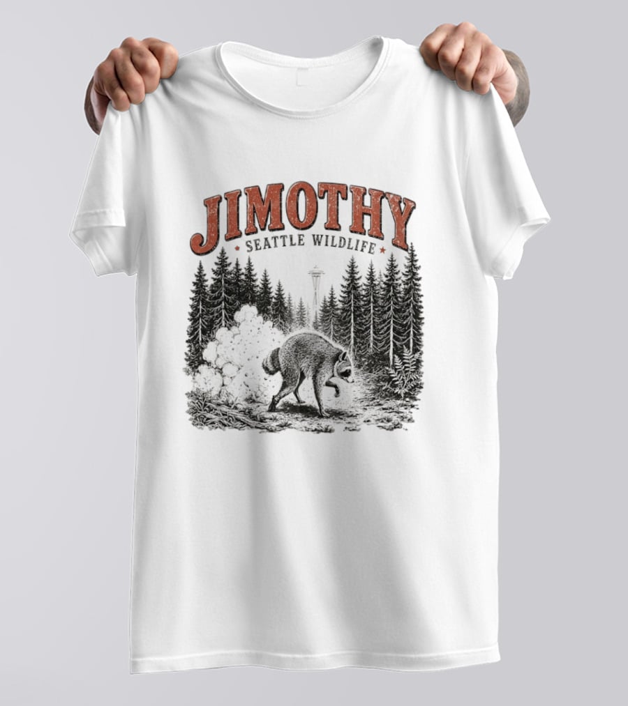 Jimothy Seattle Wildlife Raccoon With Space Needle Forest Scene T-Shirt