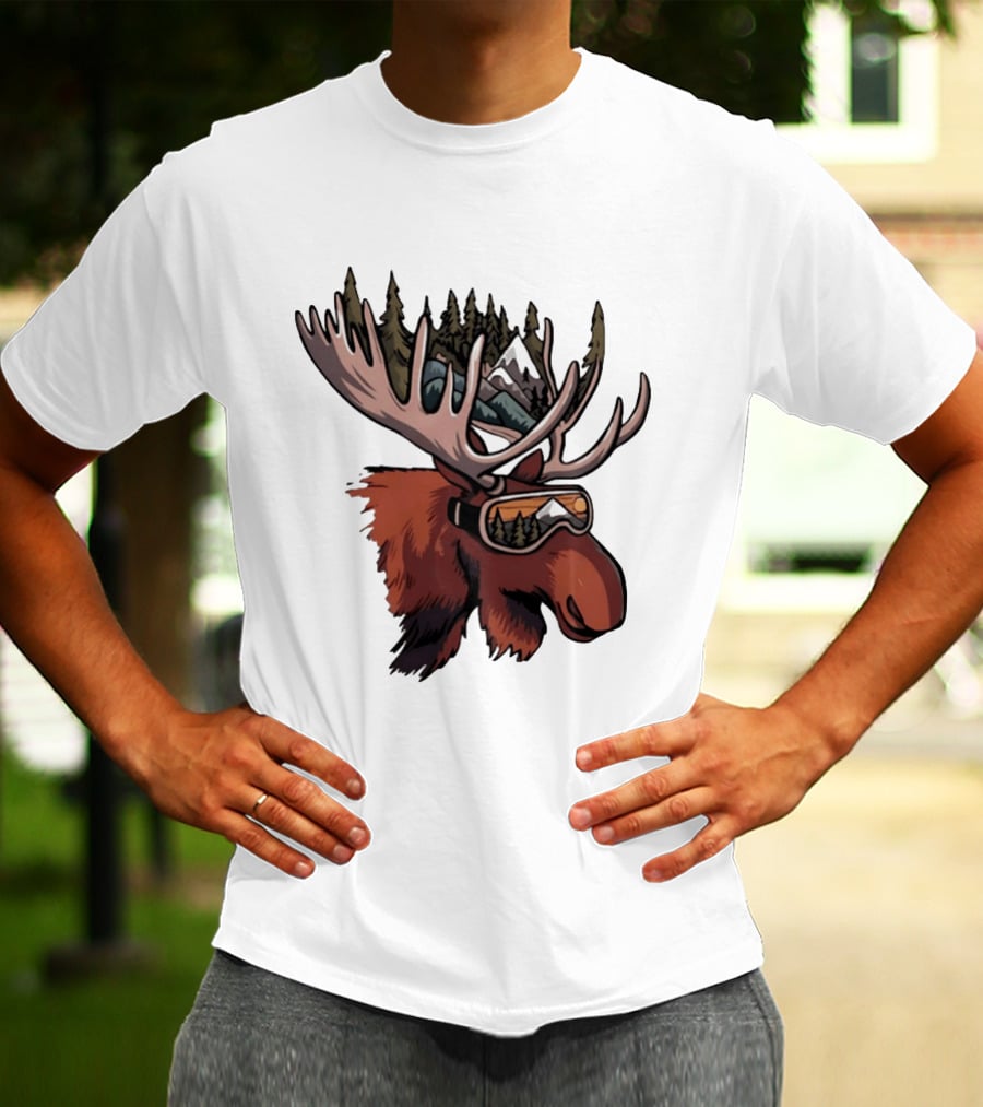 Moose With Ski Goggles And Mountain Forest Antlers Adventure Scene T-Shirt