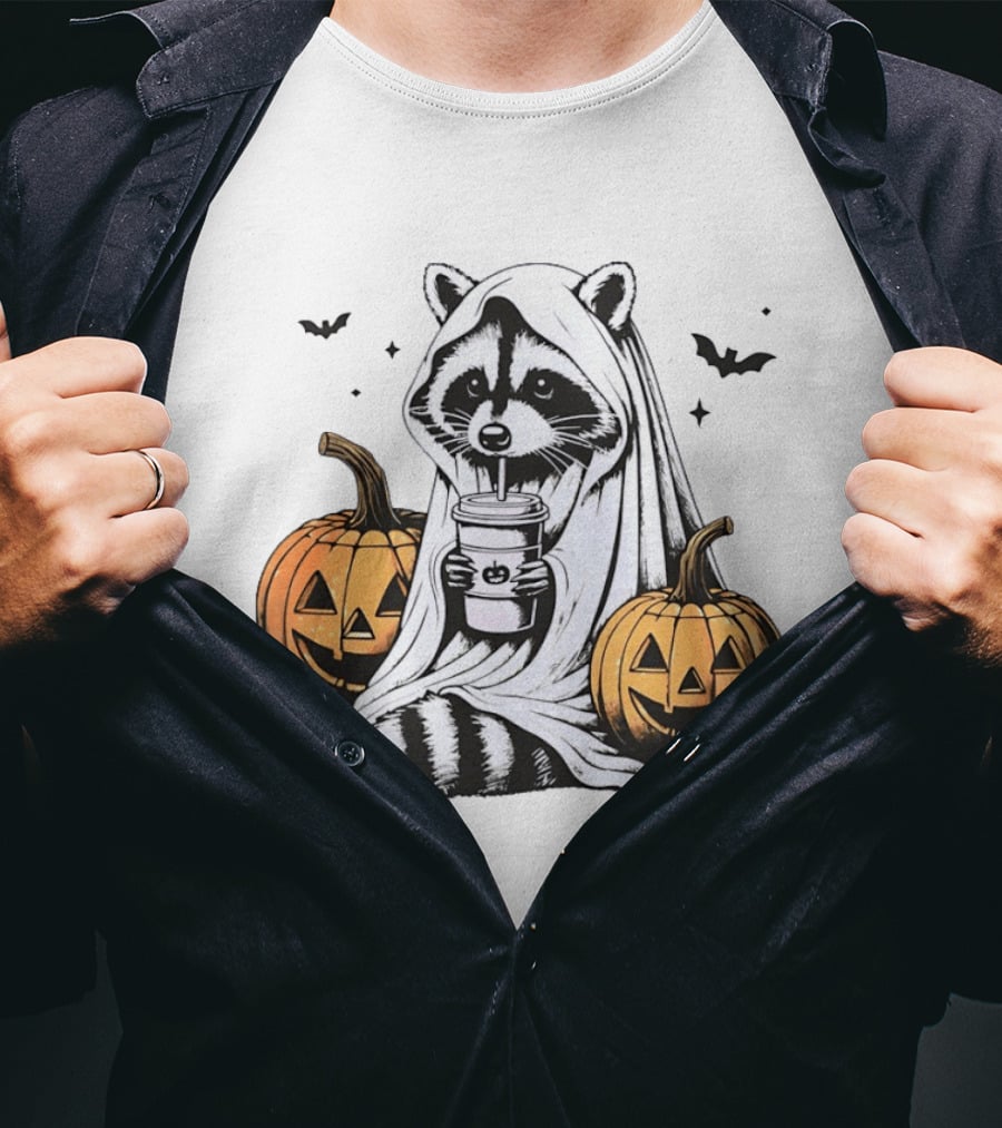 Raccoon Ghost With Iced Coffee And Jack O' Lanterns Halloween T-Shirt