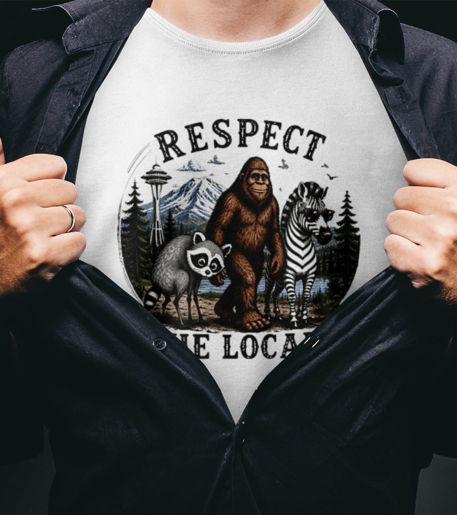 Respect The Locals Bigfoot Raccoon Zebra Seattle Space Needle Forest Scene T-Shirt
