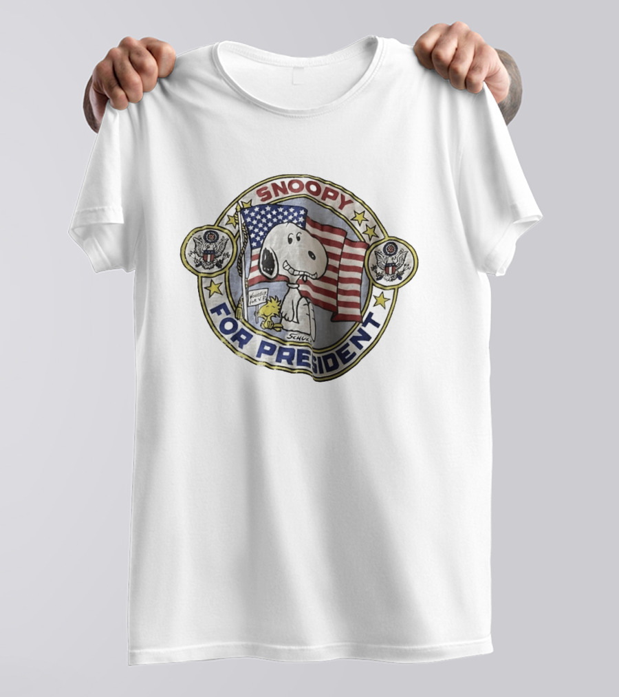 Snoopy For President Schulz Woodstock VP American Flag Oval Seal T-Shirt