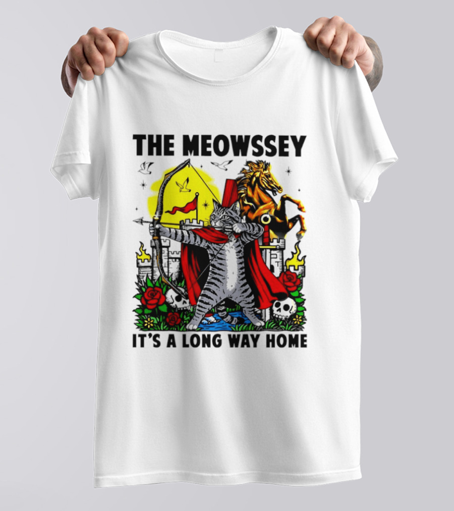 The Meowssey It's A Long Way Home Cat Archer With Red Cape And Horse T-Shirt