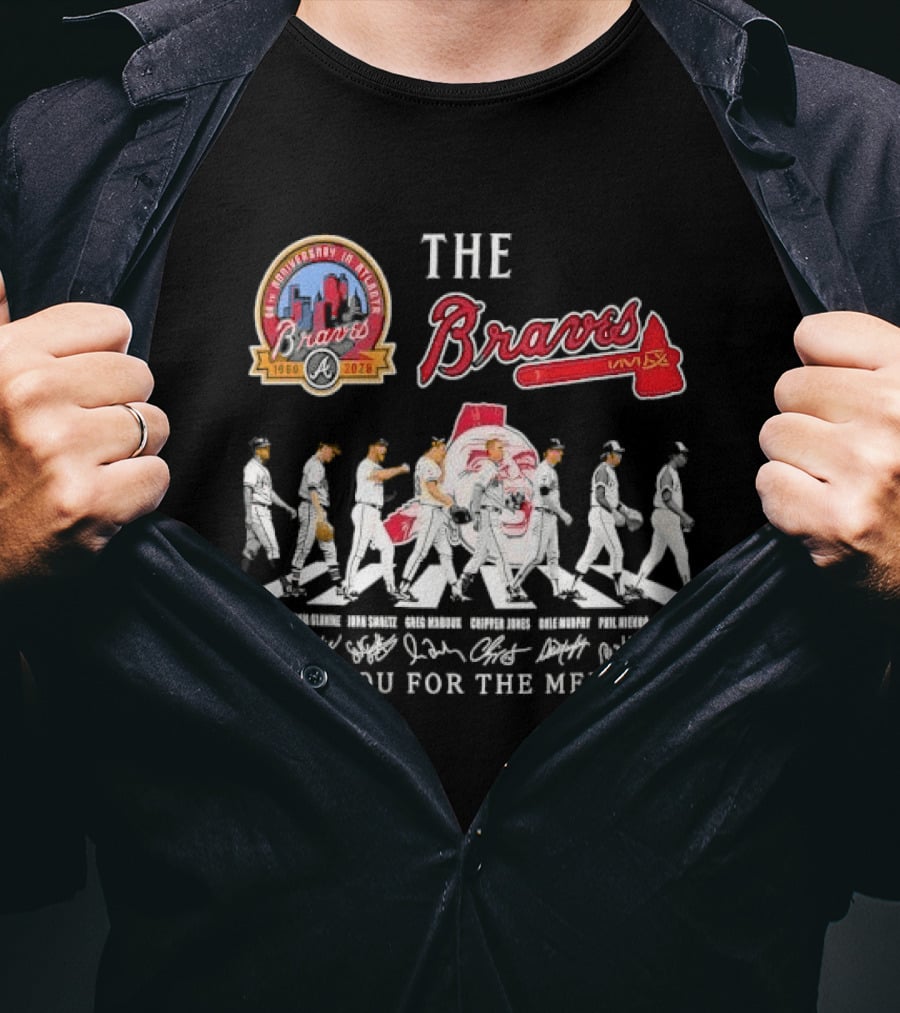 Atlanta Braves 60th Anniversary Legends Hank Aaron John Smoltz Greg Maddux Chipper Jones Thank You For The Memories T-Shirt