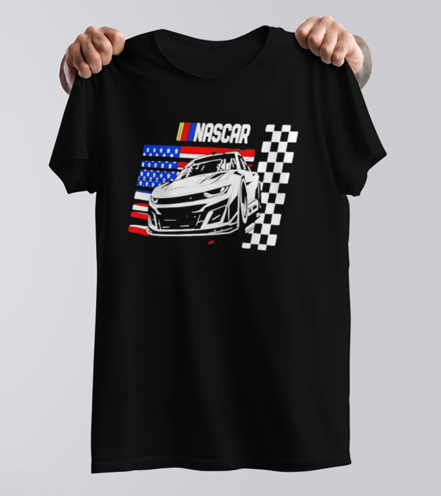 Nascar Race Car American Flag Checkered Flag T-Shirt