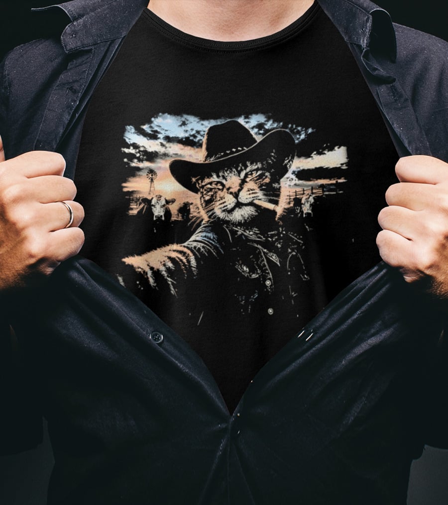 Cowboy Cat Smoking Selfie Sunset Western Sky Scene T-Shirt