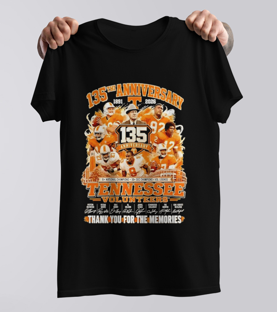 135th Anniversary Tennessee Volunteers Vol Legends Peyton Manning Reggie White National SEC Champions 1891 2026 Thank You For The Memories T-Shirt