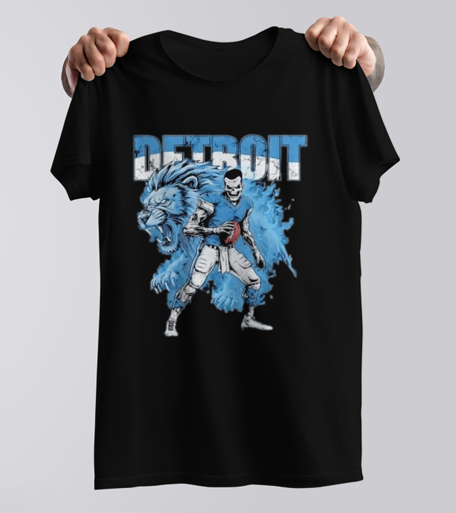 Detroit Lions Zombie Quarterback With Football And Fierce Lion T-Shirt