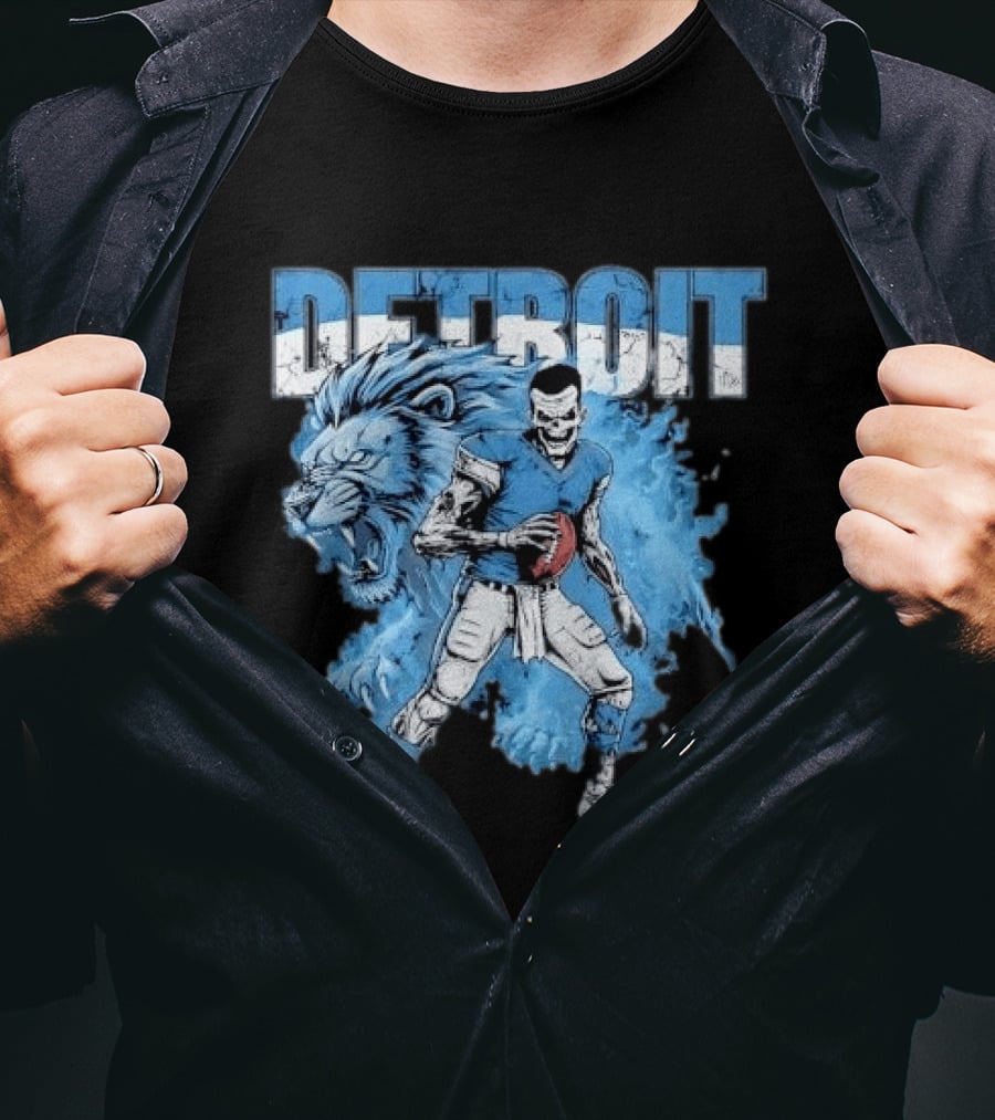 Detroit Lions Zombie Quarterback With Football And Fierce Lion T-Shirt