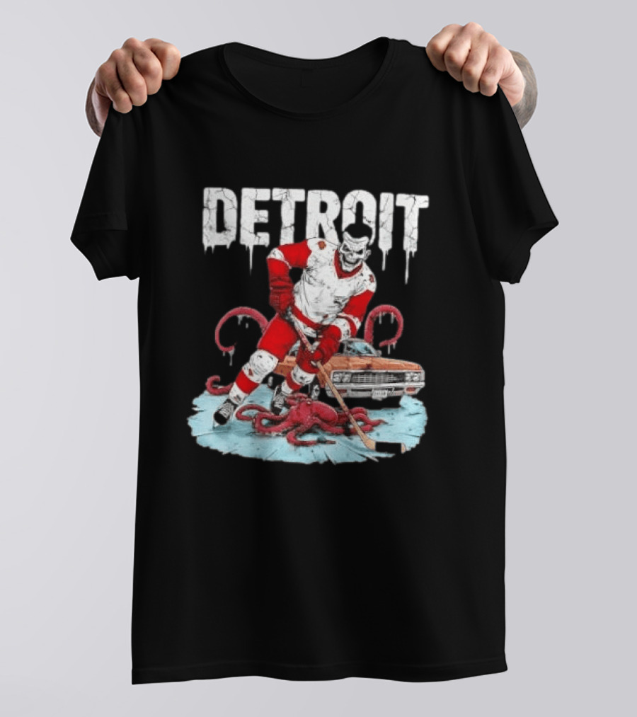 Detroit Red Wings Skull Hockey Player Tentacles Car T-Shirt