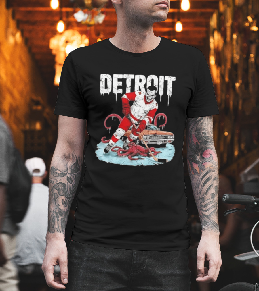 Detroit Red Wings Skull Hockey Player Tentacles Car T-Shirt