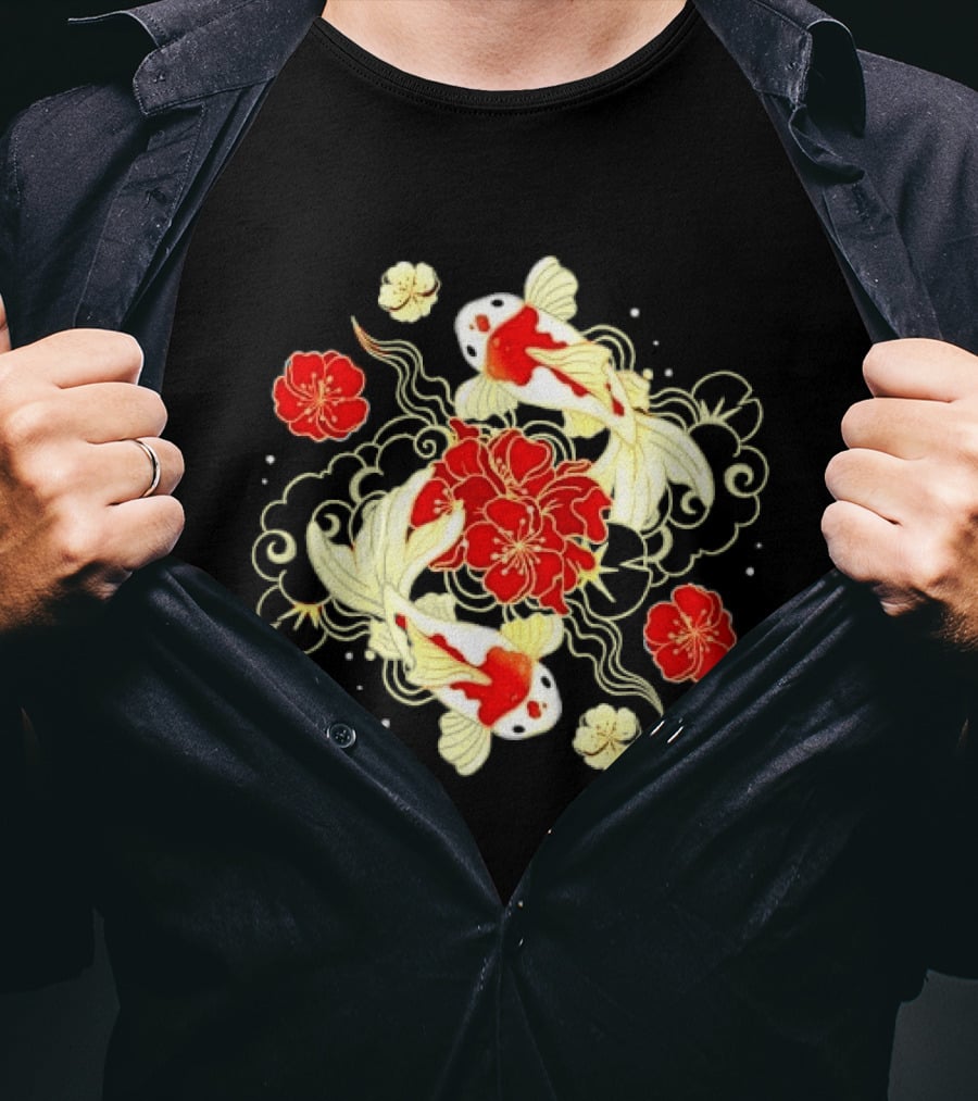 Koi Fish With Red And White Japanese Flowers T-Shirt