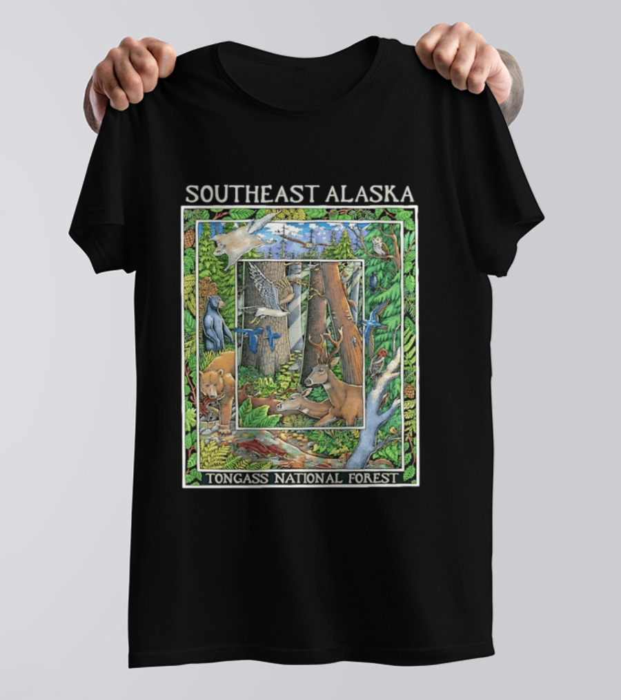 Southeast Alaska Tongass National Forest Wildlife Bear Deer Owl Wolf Bird T-Shirt