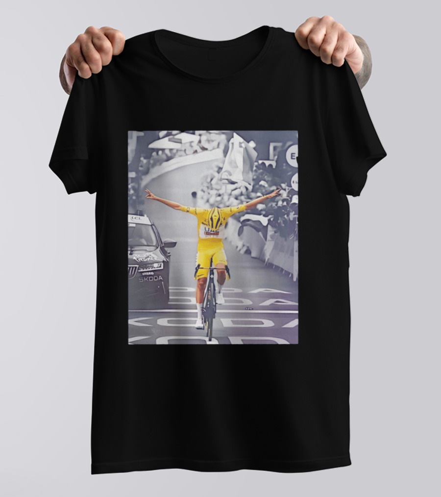 Tadej Pogacar Victory Moment Tour De France Skoda UCL Cyclist In Yellow Jersey T-Shirt