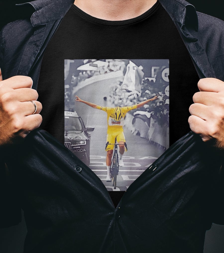 Tadej Pogacar Victory Moment Tour De France Skoda UCL Cyclist In Yellow Jersey T-Shirt