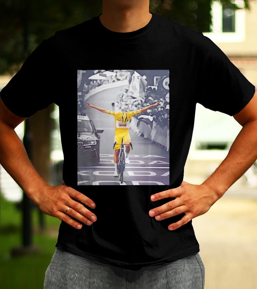 Tadej Pogacar Victory Moment Tour De France Skoda UCL Cyclist In Yellow Jersey T-Shirt