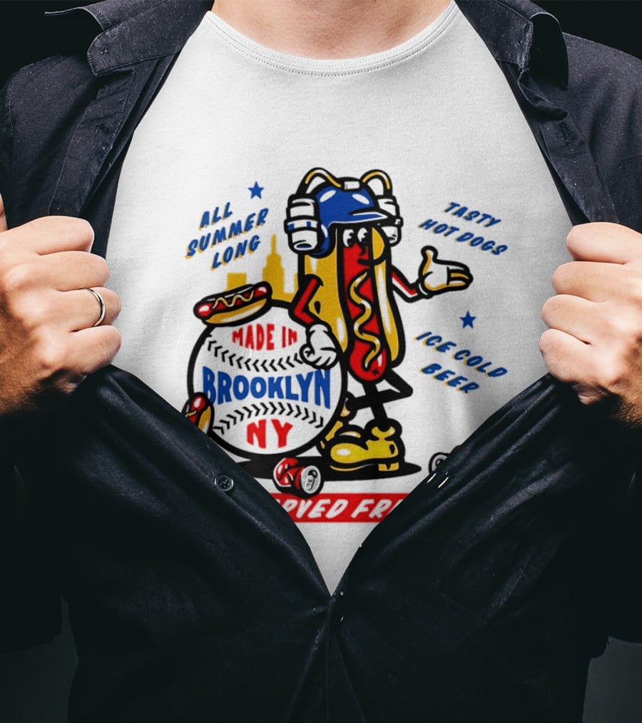 Made In Brooklyn NY Hot Dog With Ketchup All Summer Long Play Ball T-Shirt