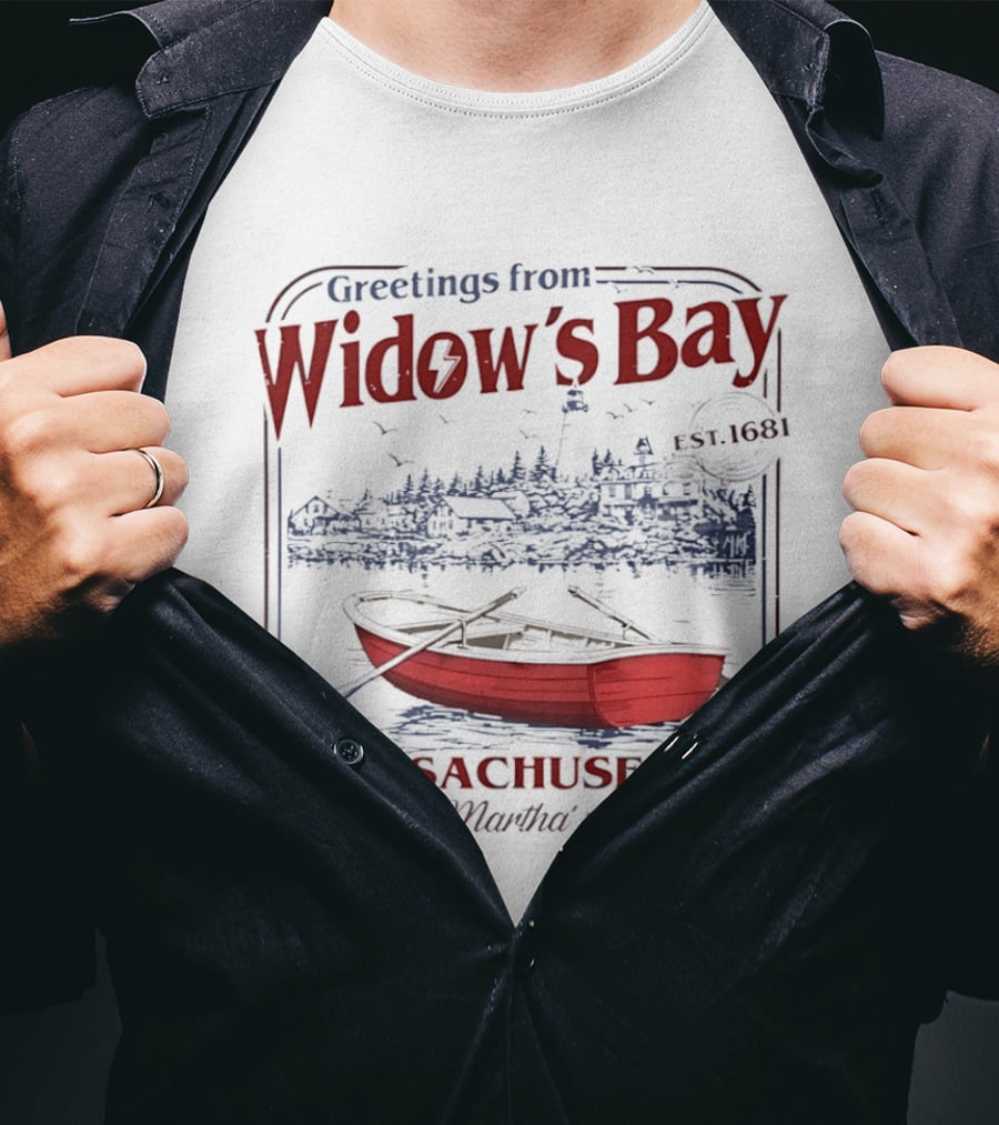 Greetings From Widow's Bay Massachusetts Est 1681 Martha's Vineyard Boat And Lighthouse T-Shirt