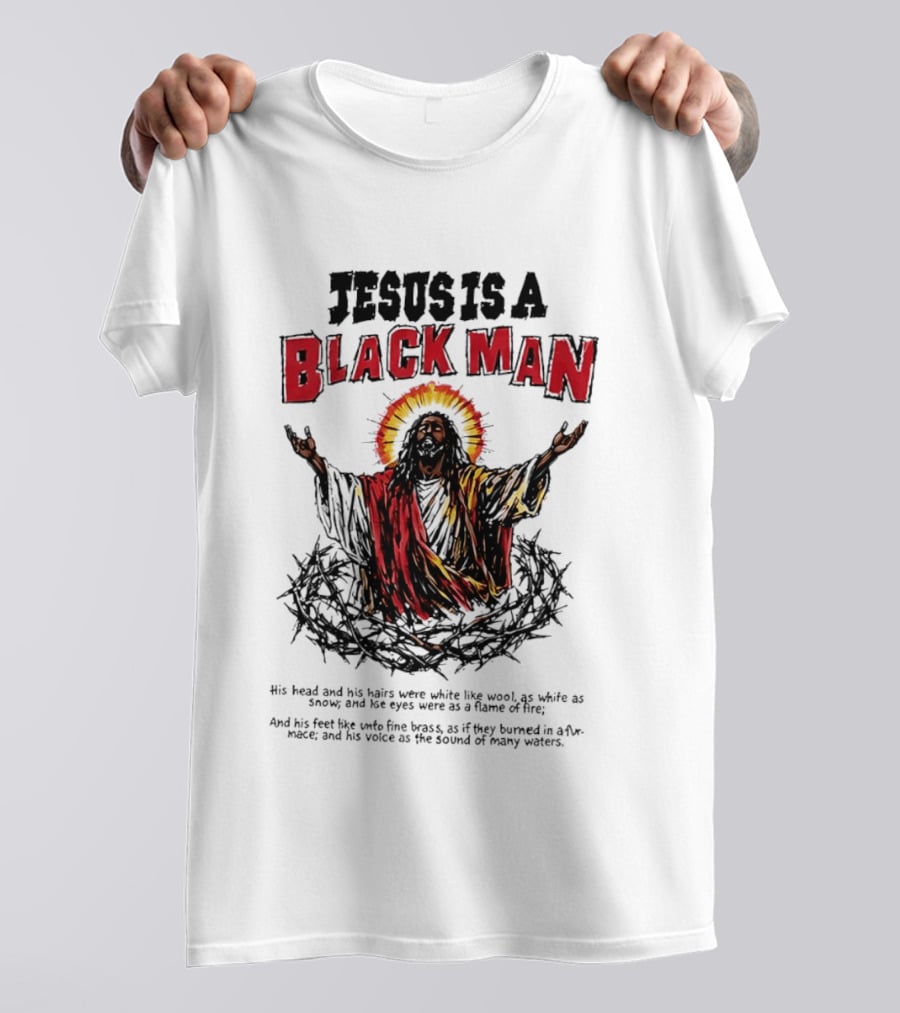 Jesus Is A Black Man Head And Hairs White Wool Snow Eyes Flame Fire T-Shirt