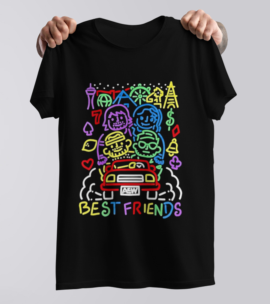 Best Friends AEW Neon Road Trip With Casino Icons And Landmarks T-Shirt