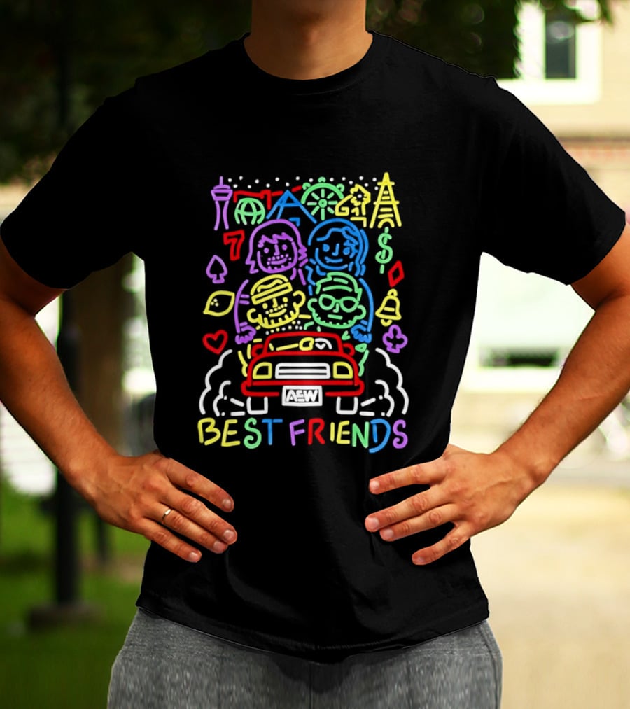 Best Friends AEW Neon Road Trip With Casino Icons And Landmarks T-Shirt