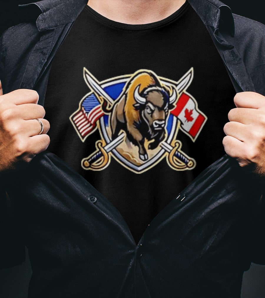 Buffalo Bison US Canada Flags North American Crossed Sabers T-Shirt