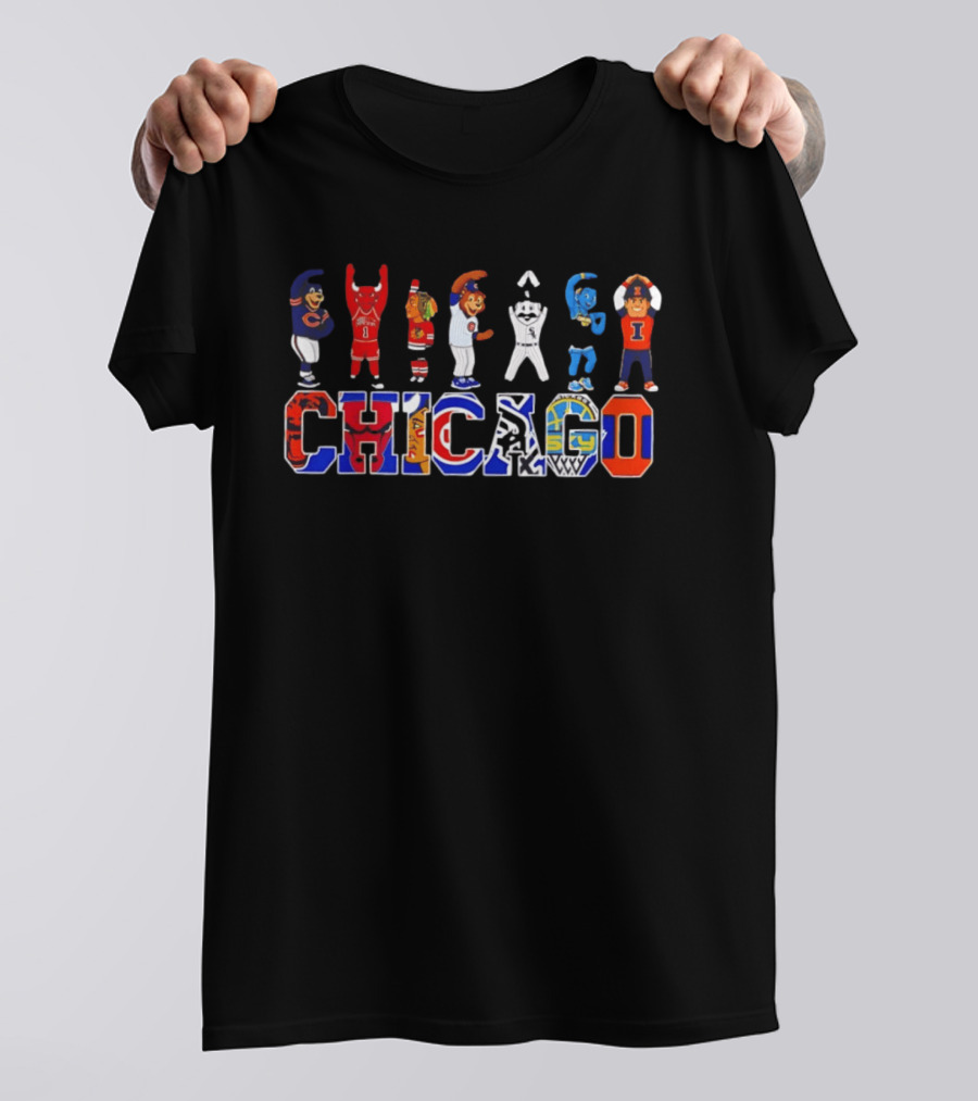 Chicago Bears Bulls Blackhawks Cubs White Sox Mascots Basketball Logos T-Shirt